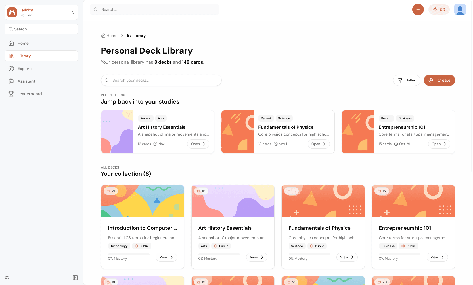 Felinify AI flashcard application interface showing study dashboard